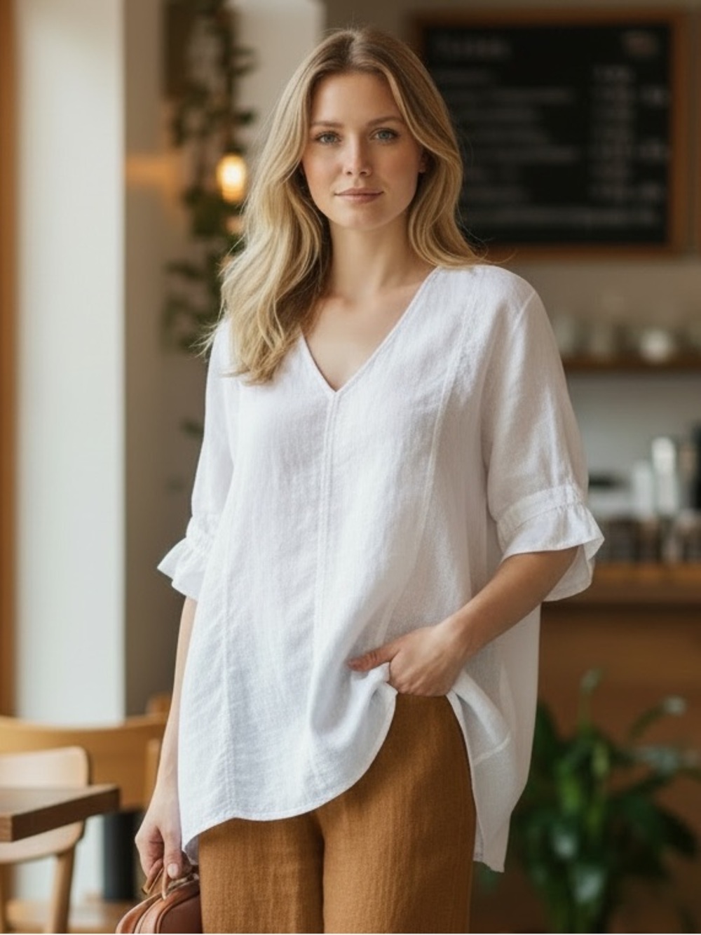 Zara White V-Neck Linen Blouse